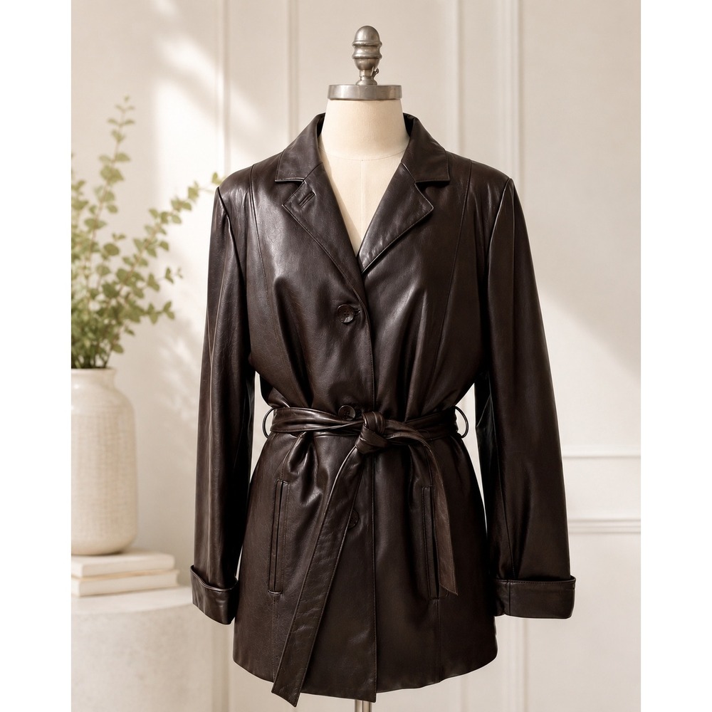 Wilsons Leather Brown Belted Leather Coat Thinsulate Zip-Out Liner Womens L
